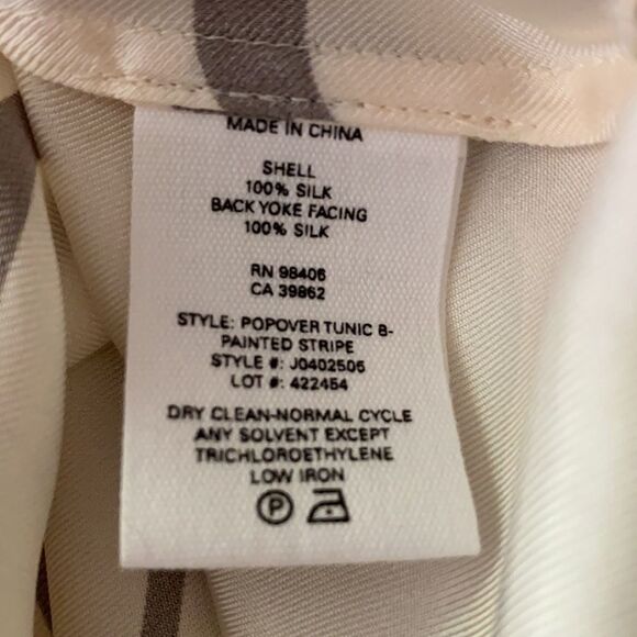 THEORY Popover Ivory/Olive Green Painted Stripe Silk Tunic Blouse Size Small - Picture 11 of 11